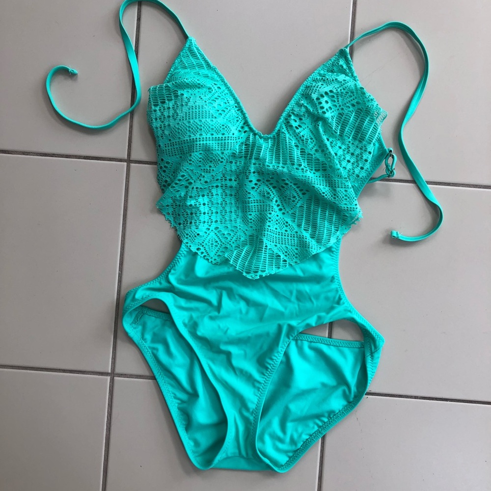 Turquoise cut out one piece bathing suit